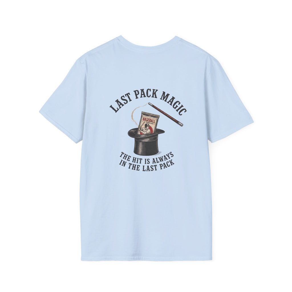 Last Pack Magic baseball card T-shirt in Light Blue, back flat view