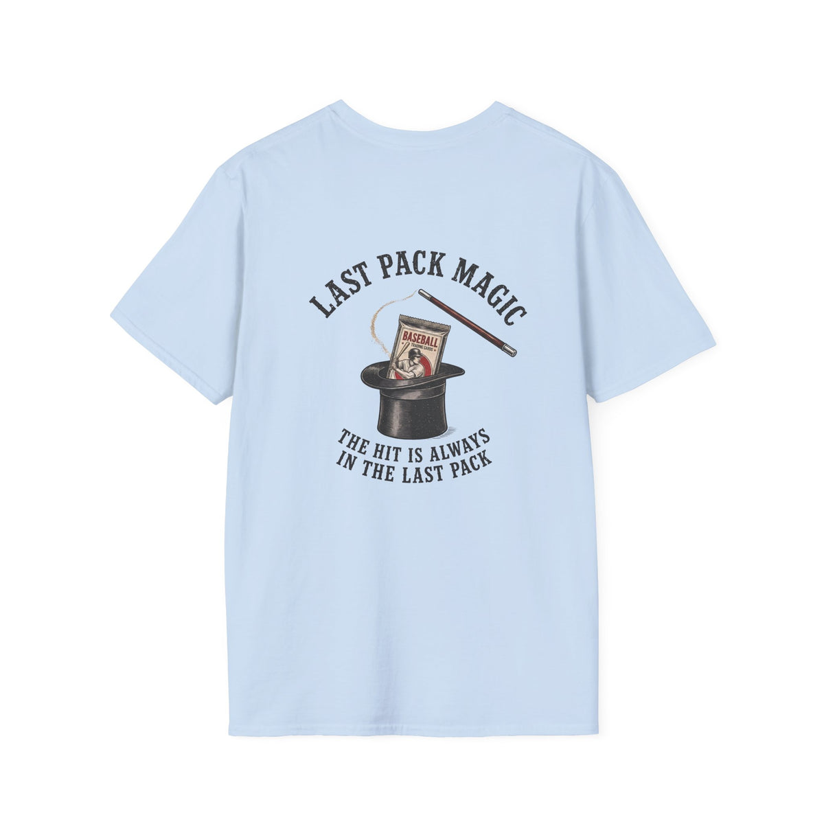 Last Pack Magic baseball card T-shirt in Light Blue, back flat view
