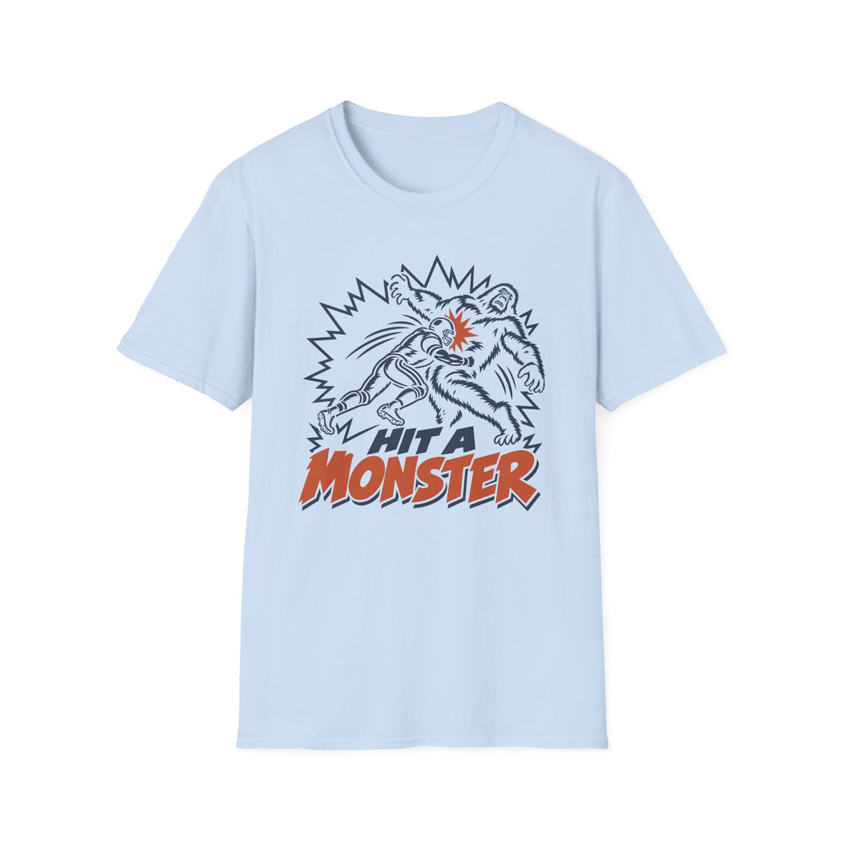 Hit A Monster football card T-shirt in Light Blue, front view