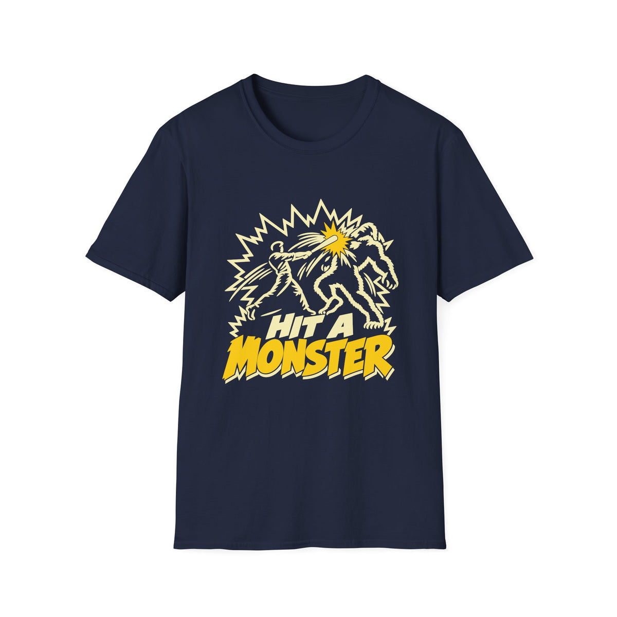Hit A Monster baseball card T-shirt in Navy, front view