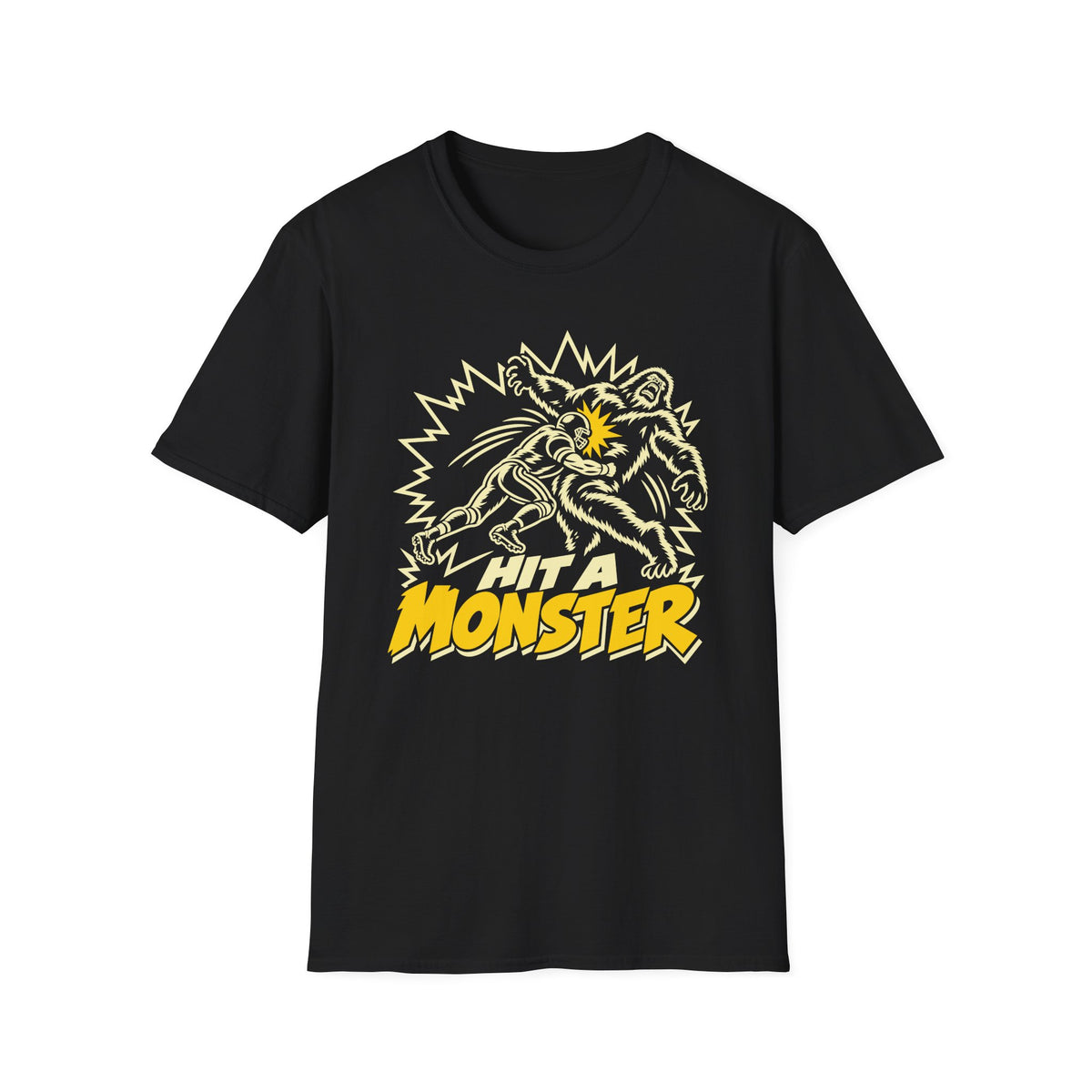 Hit A Monster football card T-shirt in Black, front view