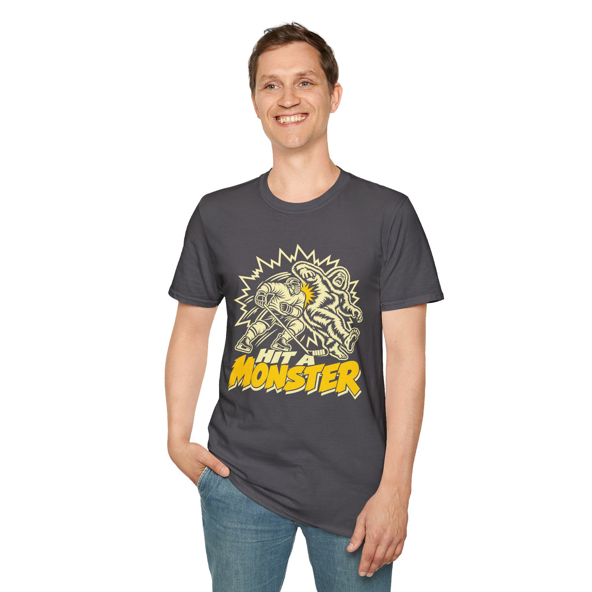 Hit A Monster hockey card T-shirt in Charcoal, front model view