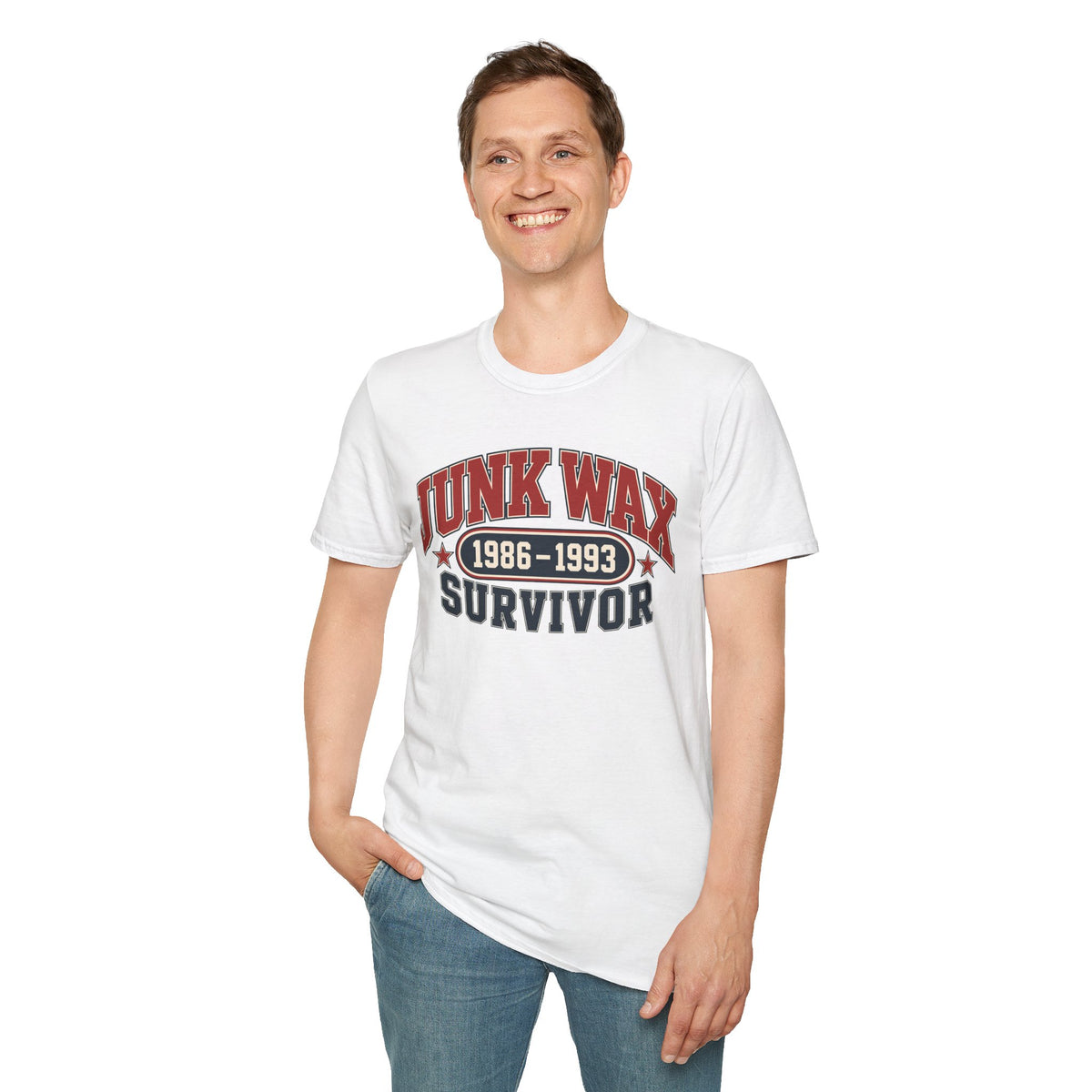 Junk Wax Survivor T-shirt in White, front model view