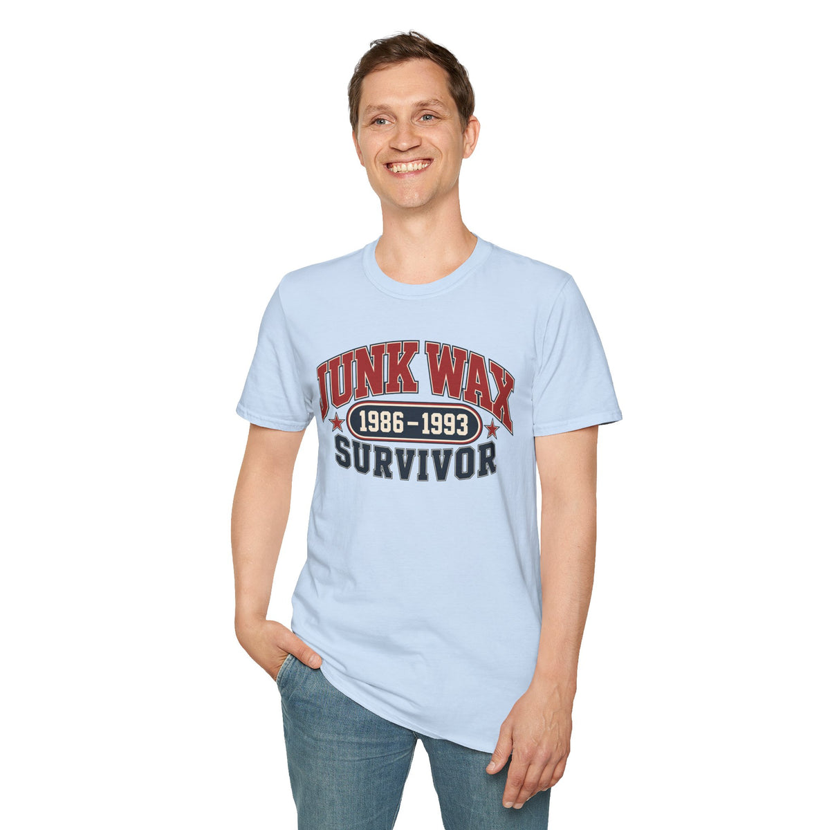 Junk Wax Survivor T-shirt in Light Blue, front model view