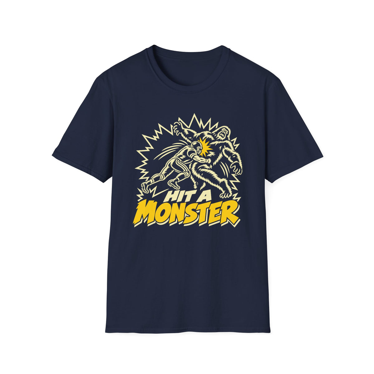 Hit A Monster football card T-shirt in Navy, front view