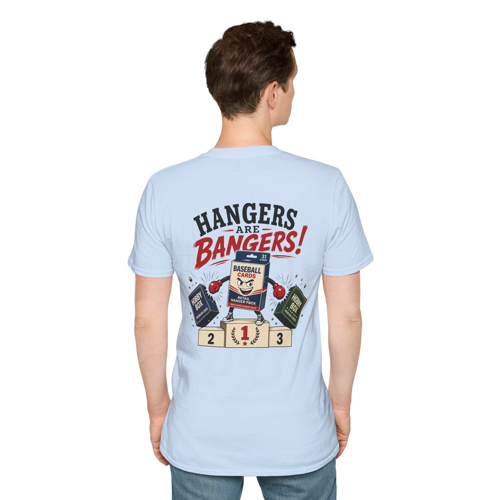 Hangers Are Bangers T-shirt in Light Blue, back model view
