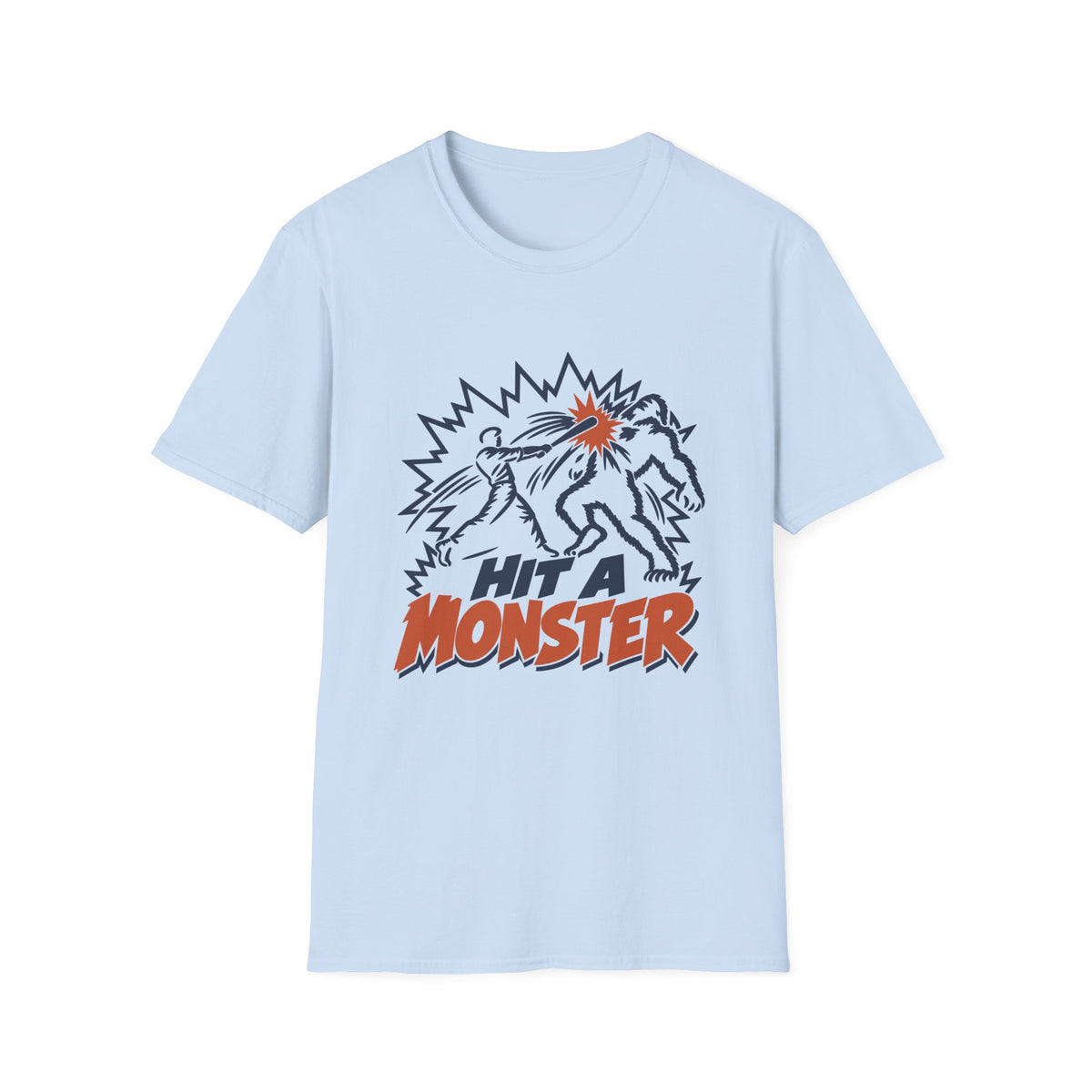 Hit A Monster baseball card T-shirt in Light Blue, front view