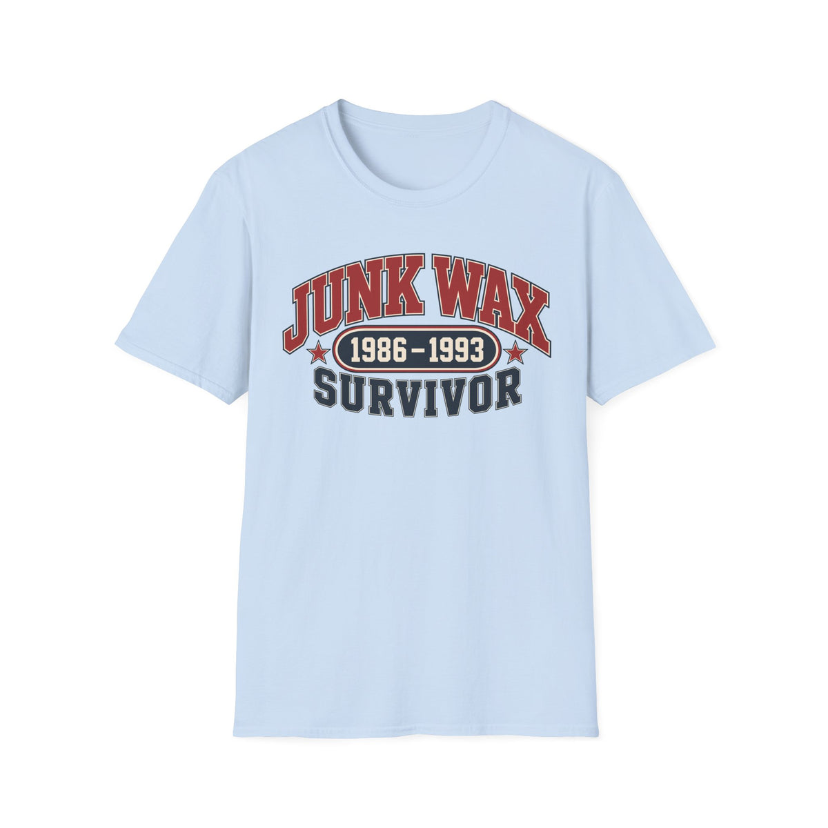 Junk Wax Survivor T-shirt in Light Blue, front view