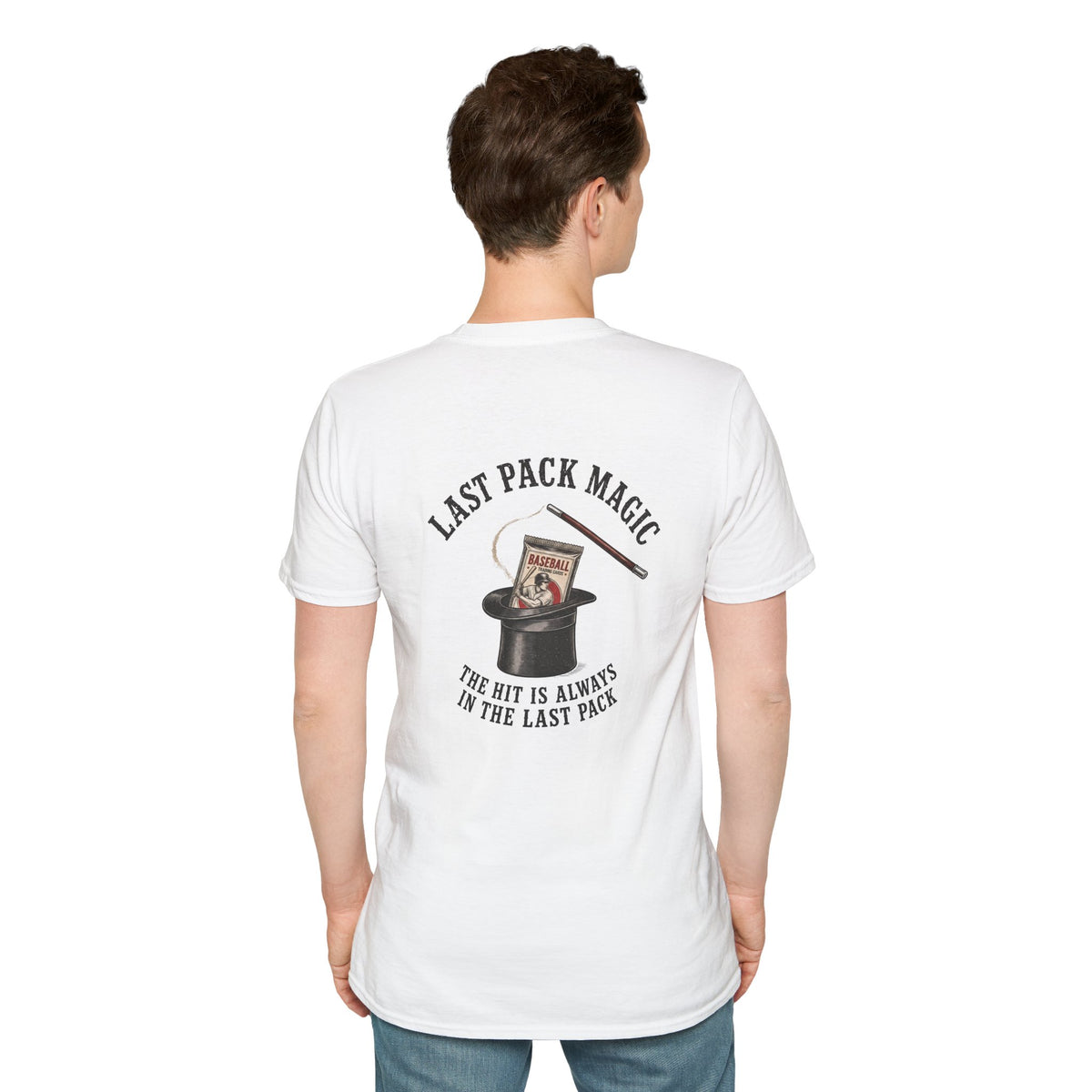 Last Pack Magic baseball card T-shirt in White, back model view