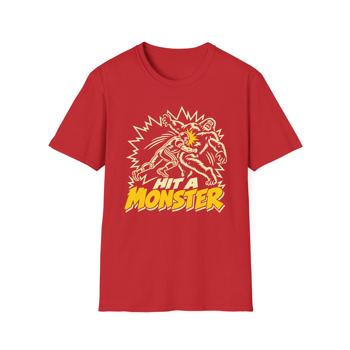 Hit A Monster football card T-shirt in Red, front view