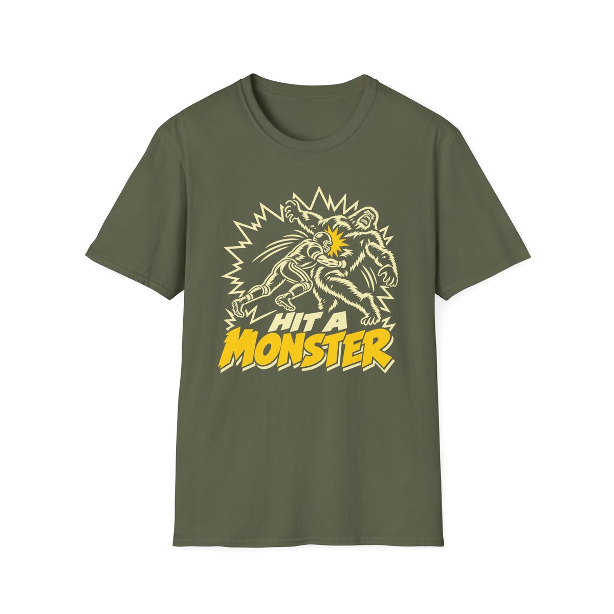 Hit A Monster football card T-shirt in Military Green, front view