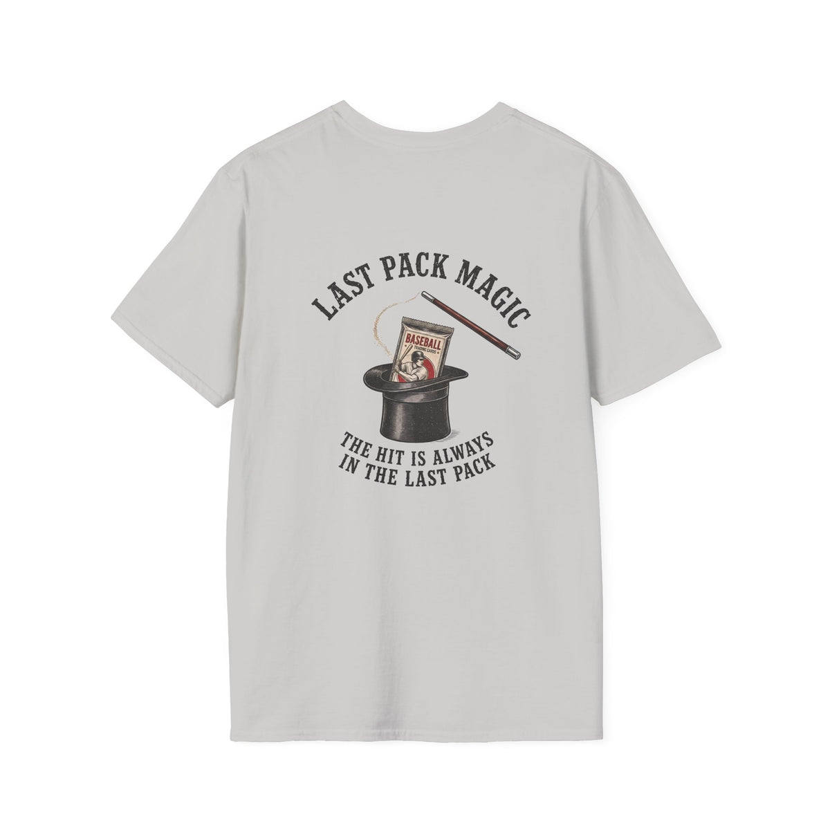 Last Pack Magic baseball card T-shirt in Ice Grey, back flat view