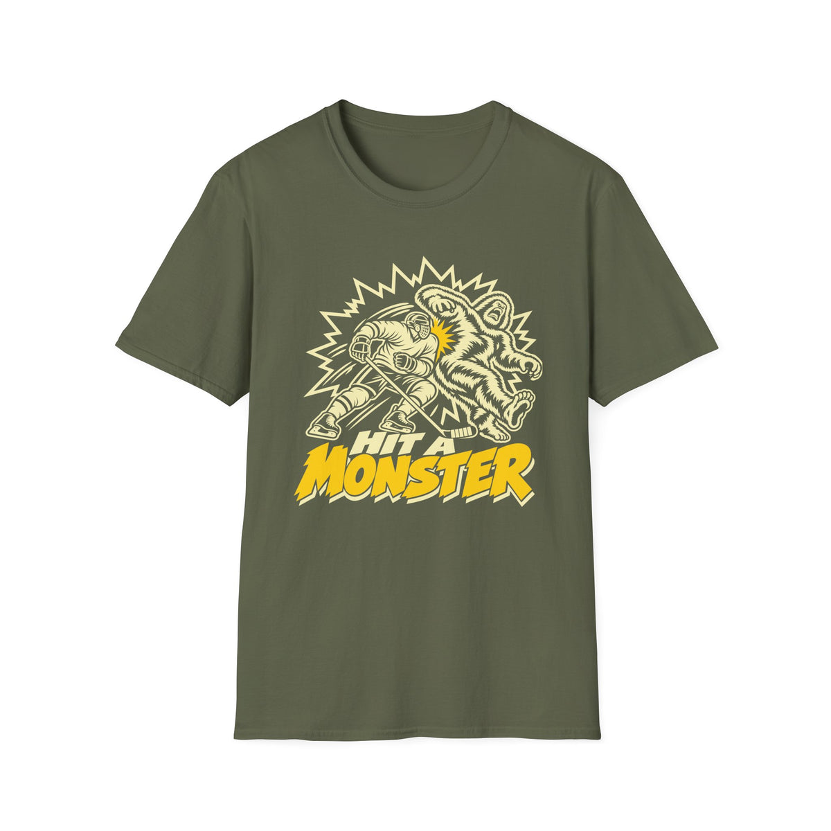 Hit A Monster hockey card T-shirt in Military Green, front view