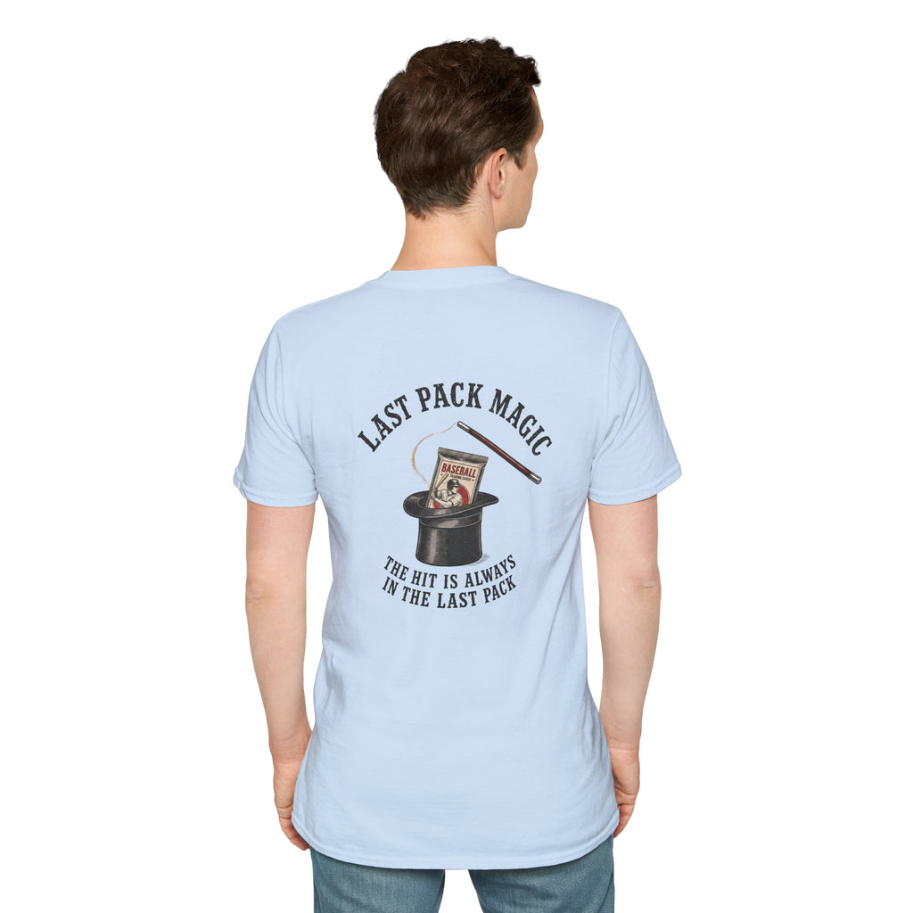 Last Pack Magic baseball card T-shirt in Light Blue, back model view