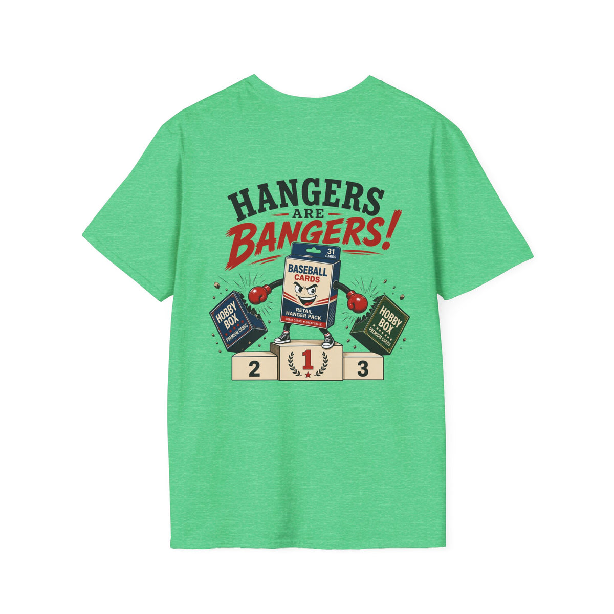 Hangers Are Bangers T-shirt in Heather Irish Green, back flat view