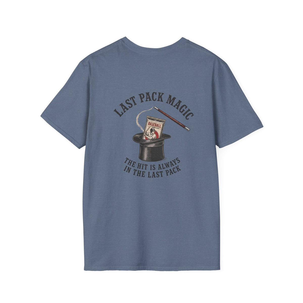Last Pack Magic baseball card T-shirt in Heather Indigo, back flat view