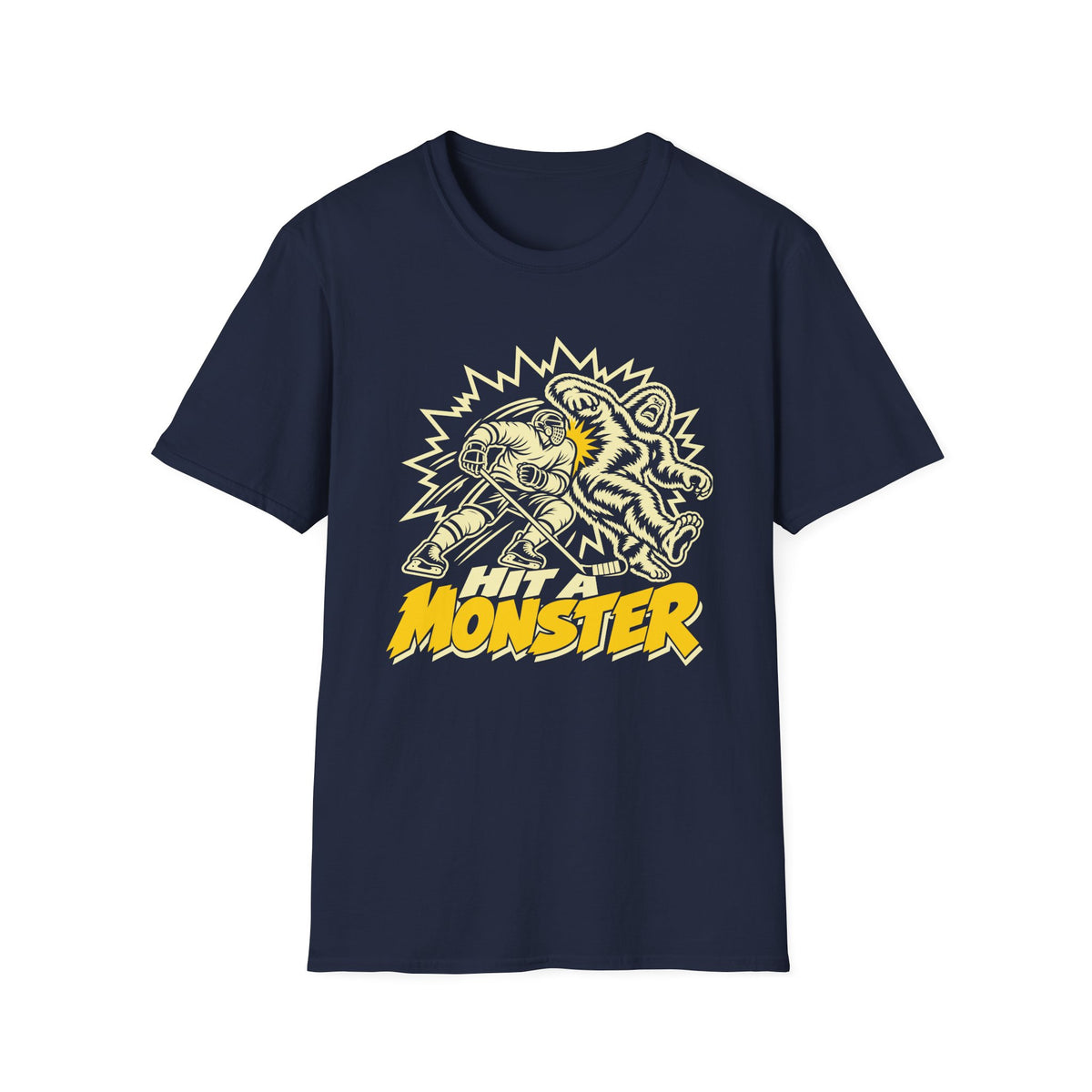 Hit A Monster hockey card T-shirt in Navy, front view