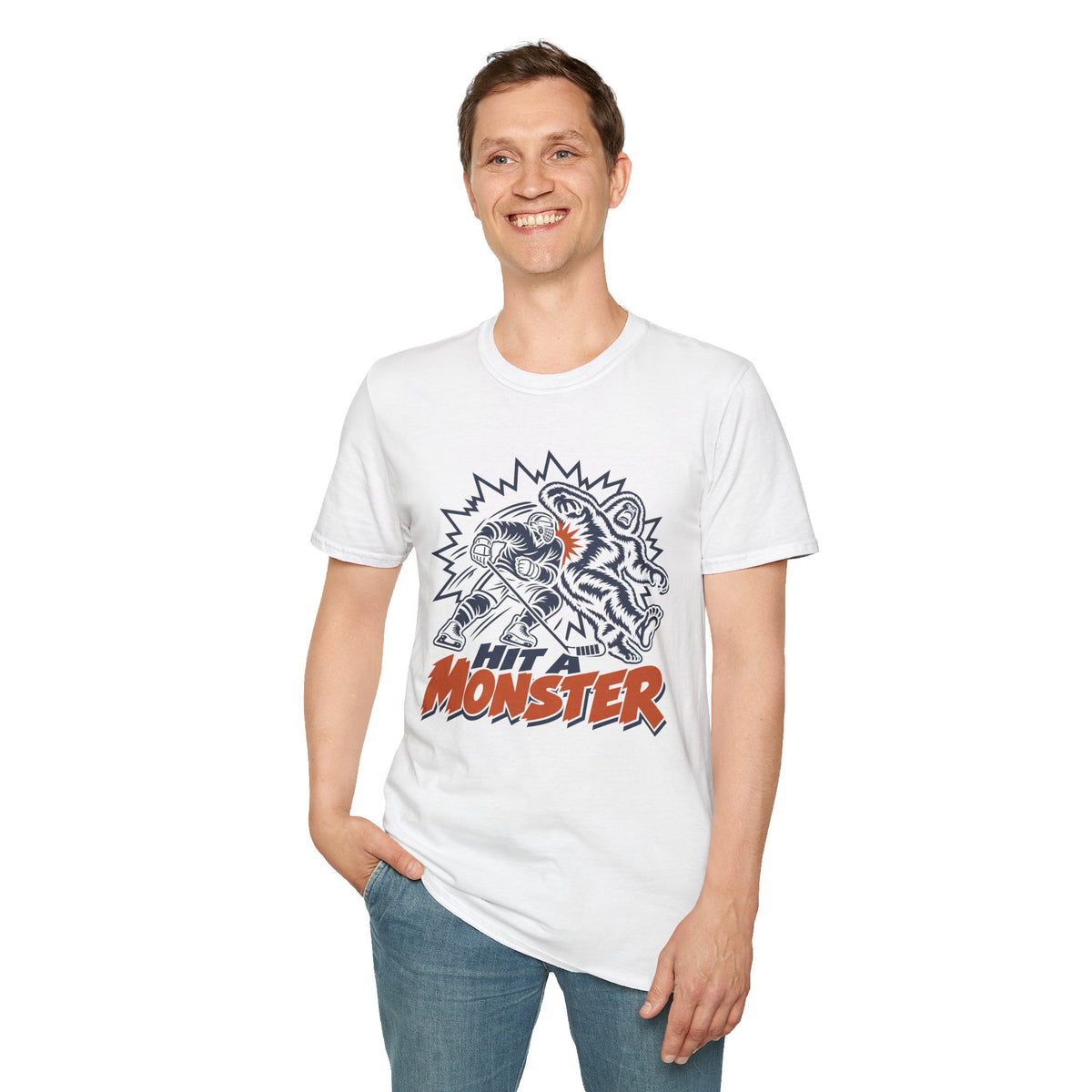 Hit A Monster hockey card T-shirt in White, front model view