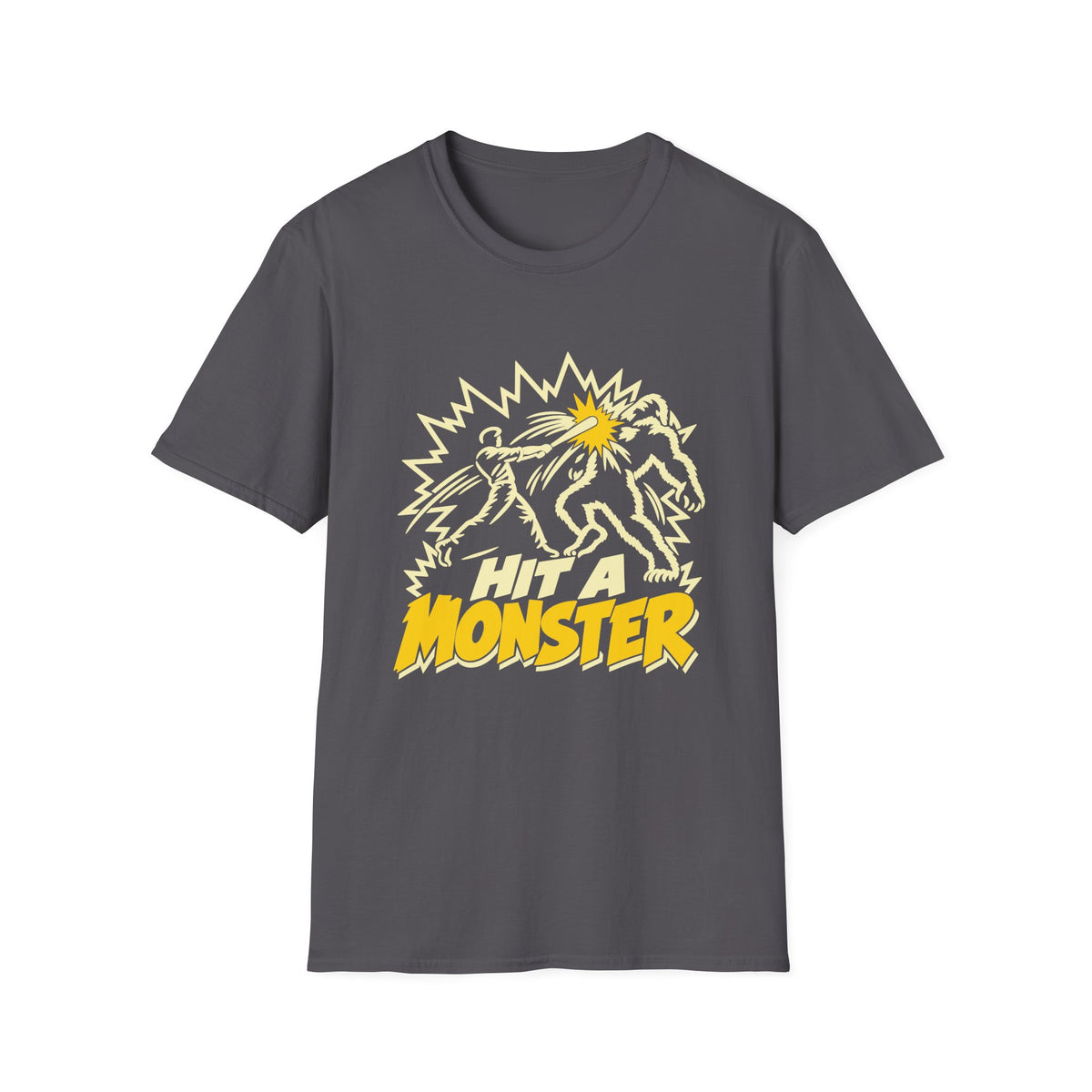 Hit A Monster baseball card T-shirt in Charcoal, front view