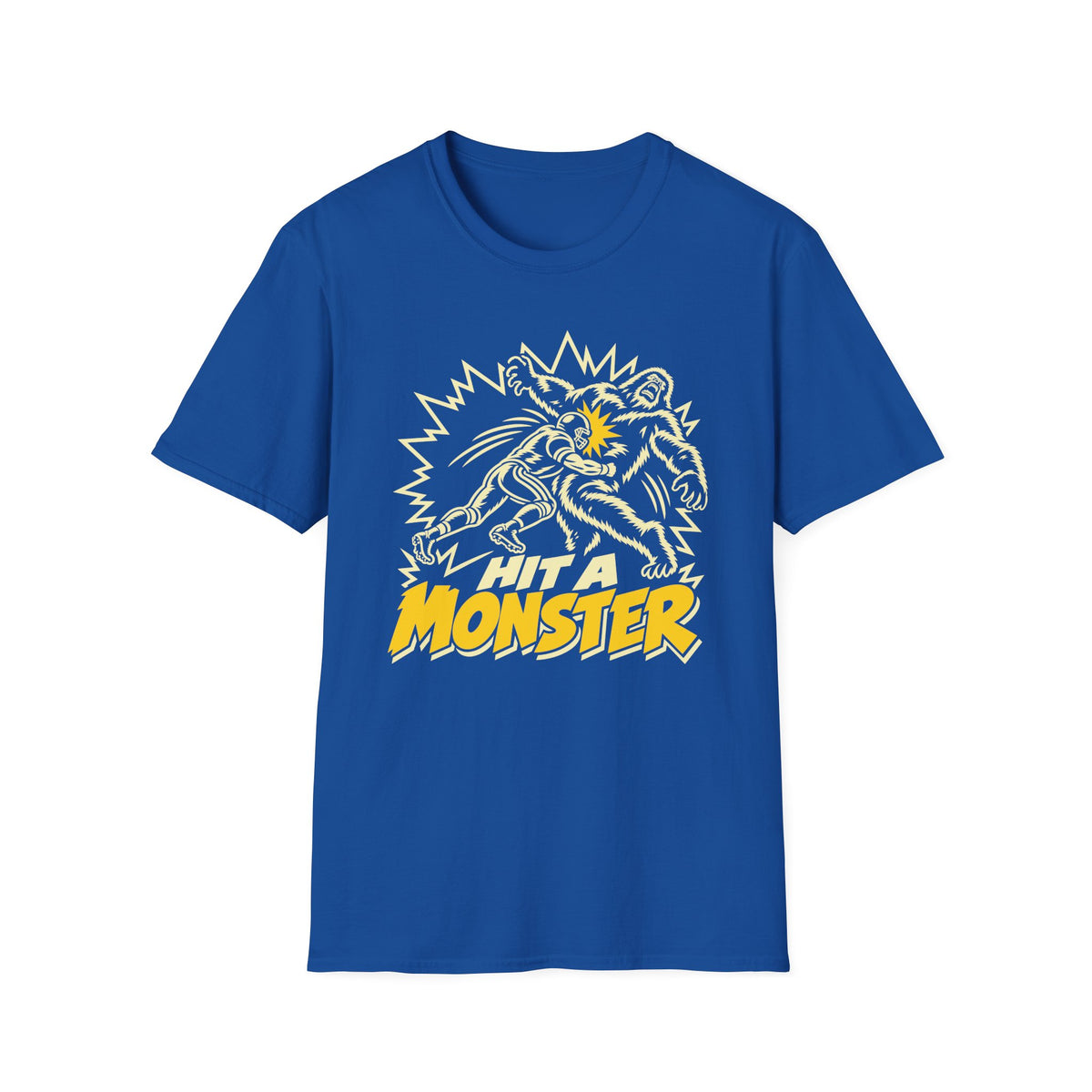 Hit A Monster football card T-shirt in Royal, front view