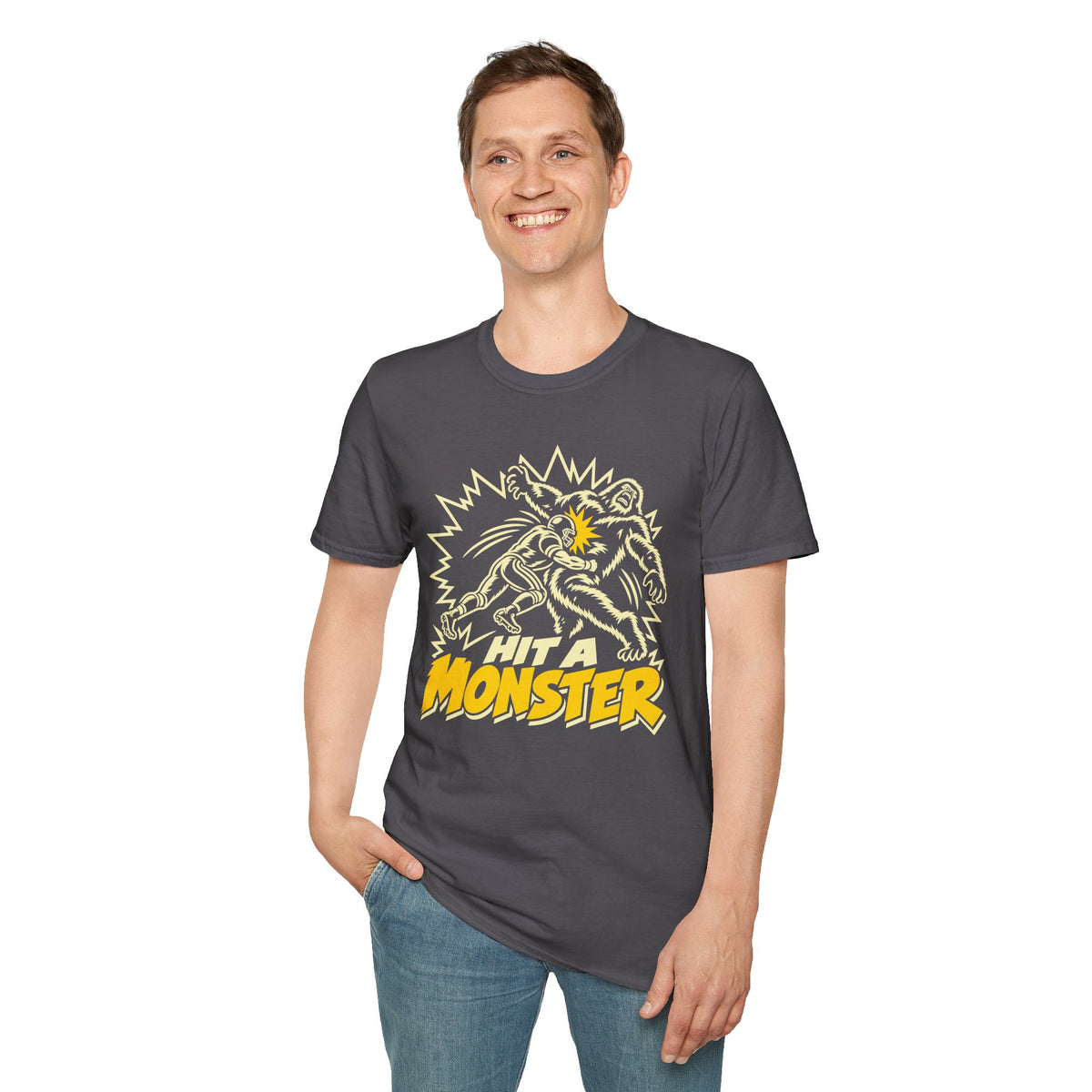 Hit A Monster football card T-shirt in Charcoal, front model view
