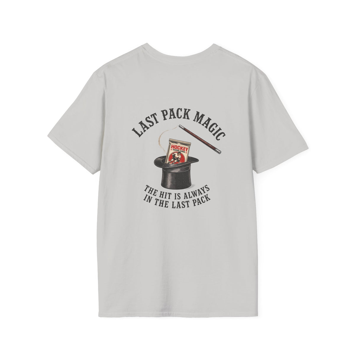 Last Pack Magic Hockey Card T-shirt in Ice Grey, back flat view