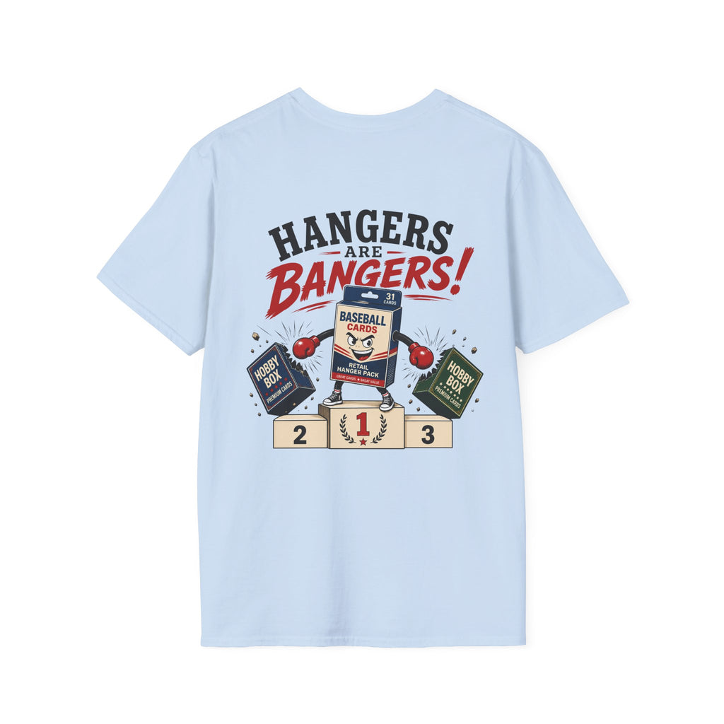 Hangers Are Bangers T-shirt in Light Blue, back flat view