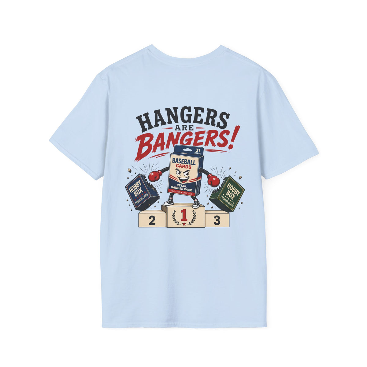 Hangers Are Bangers T-shirt in Light Blue, back flat view