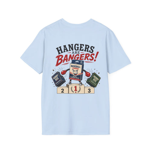 Hangers Are Bangers T-shirt in Light Blue, back flat view