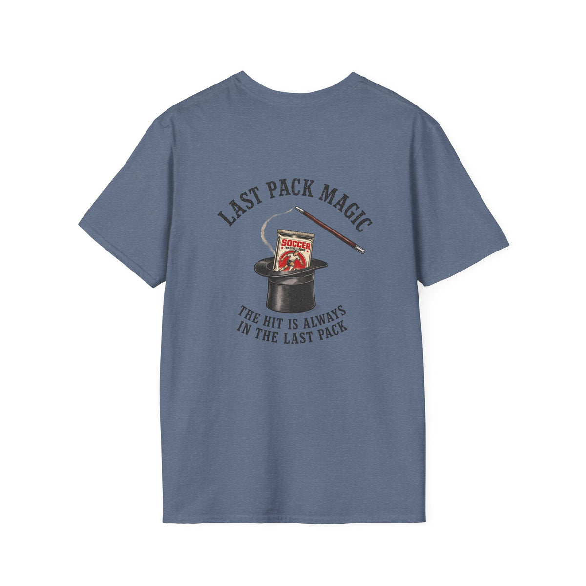 Last Pack Magic Soccer Card T-shirt in Heather Indigo, back flat view