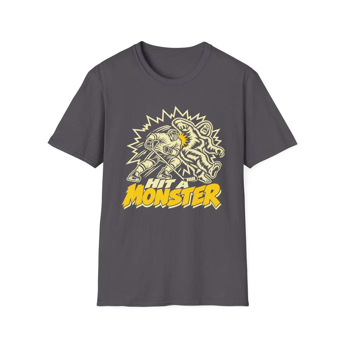 Hit A Monster hockey card T-shirt in Charcoal, front view