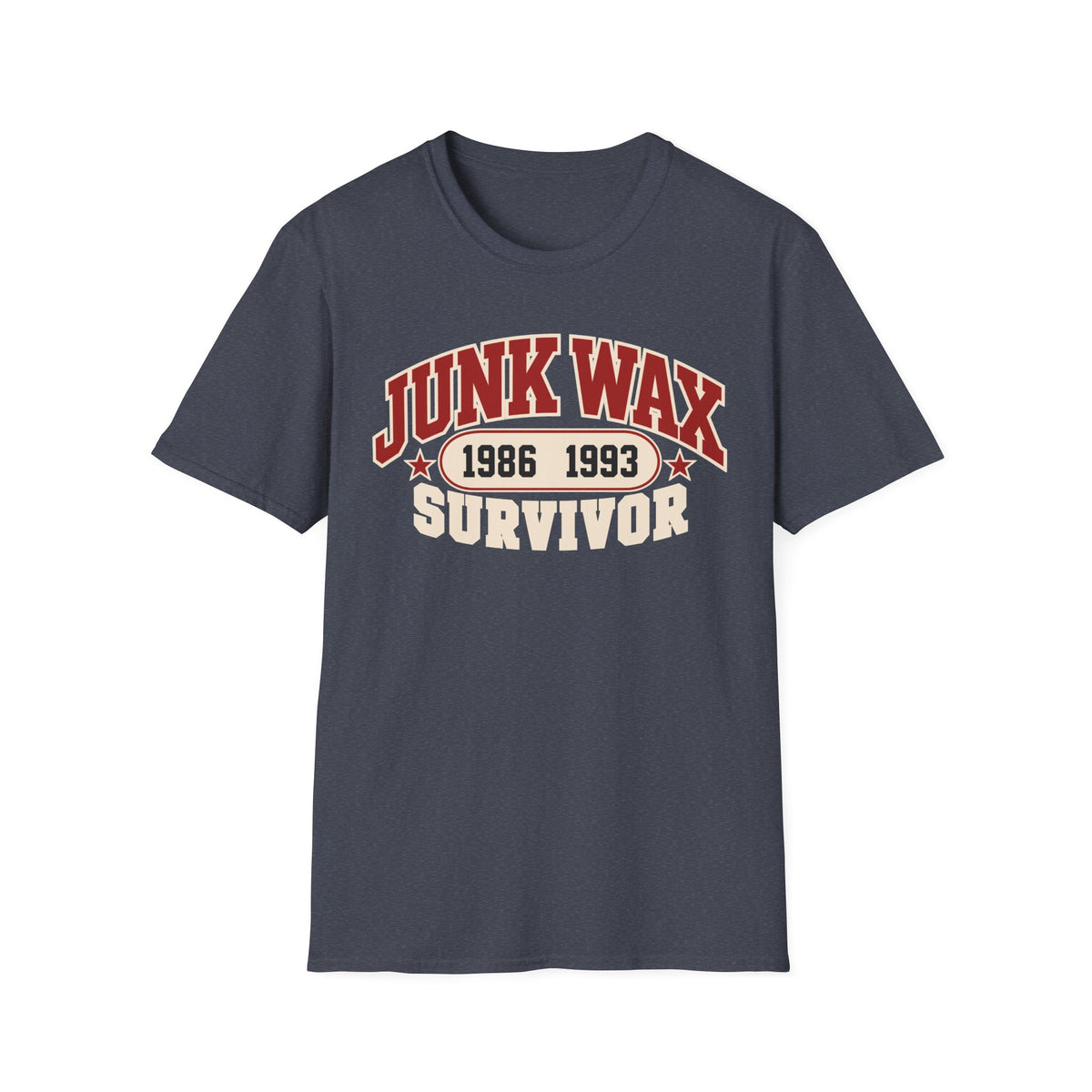 Junk Wax Survivor T-shirt in Heather Navy, front view
