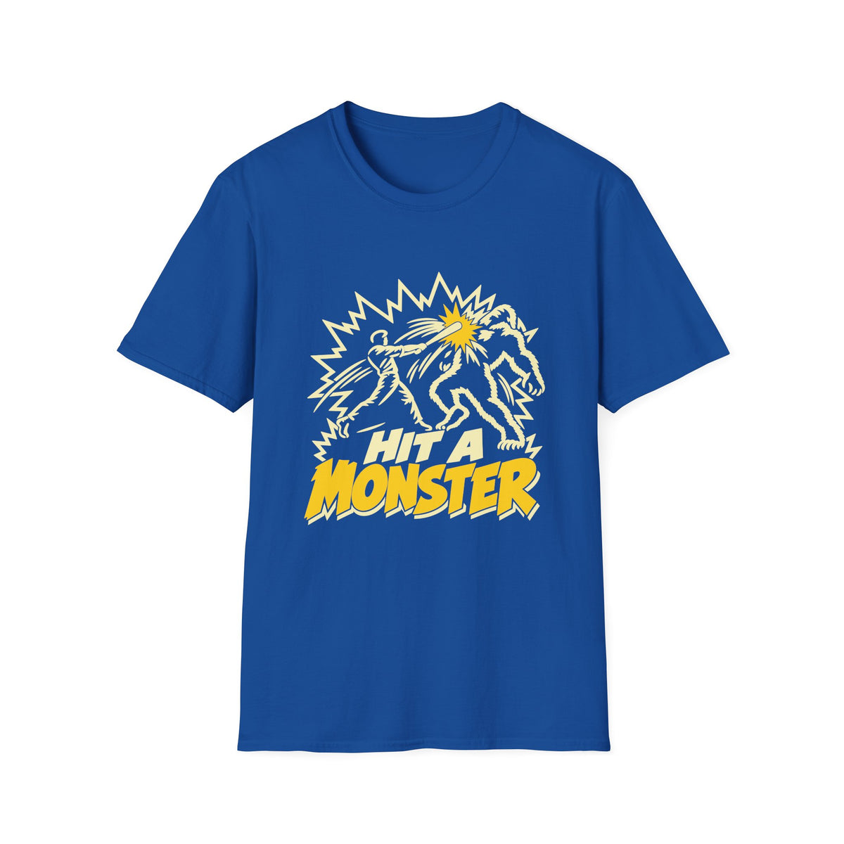 Hit A Monster baseball card T-shirt in Royal, front view