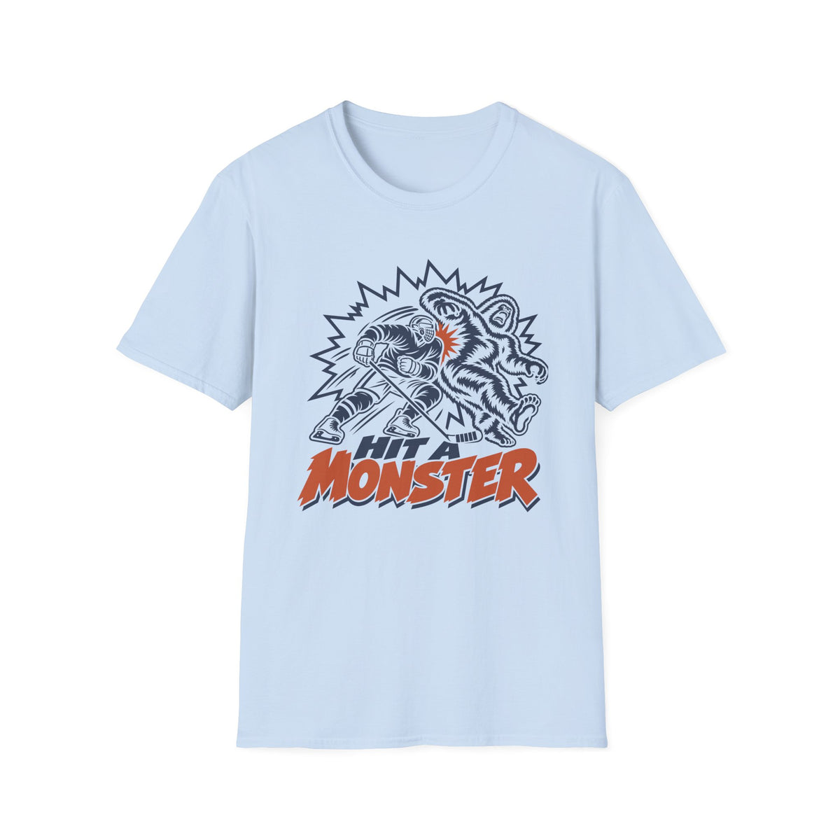 Hit A Monster hockey card T-shirt in Light Blue, front view