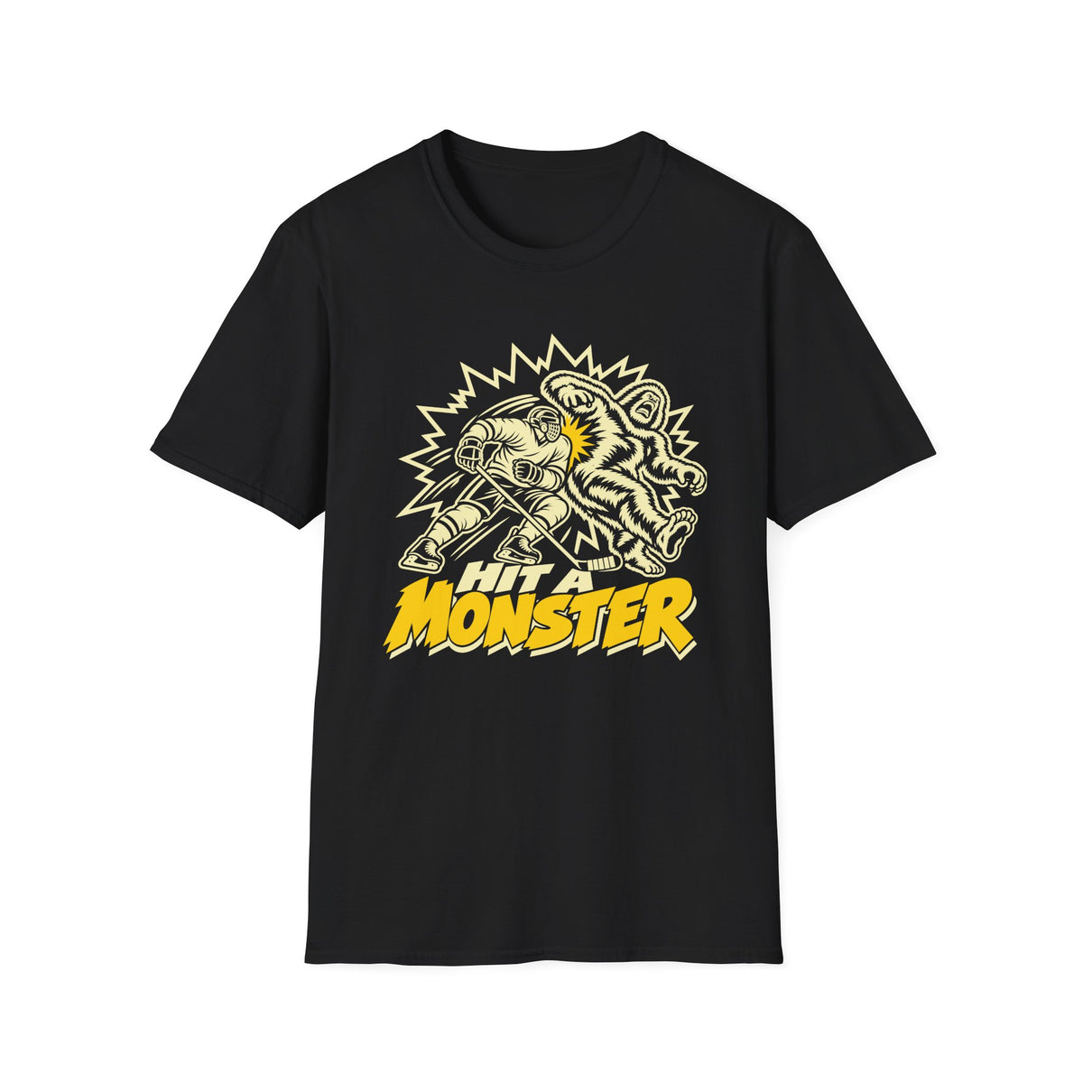 Hit A Monster hockey card T-shirt in Black, front view
