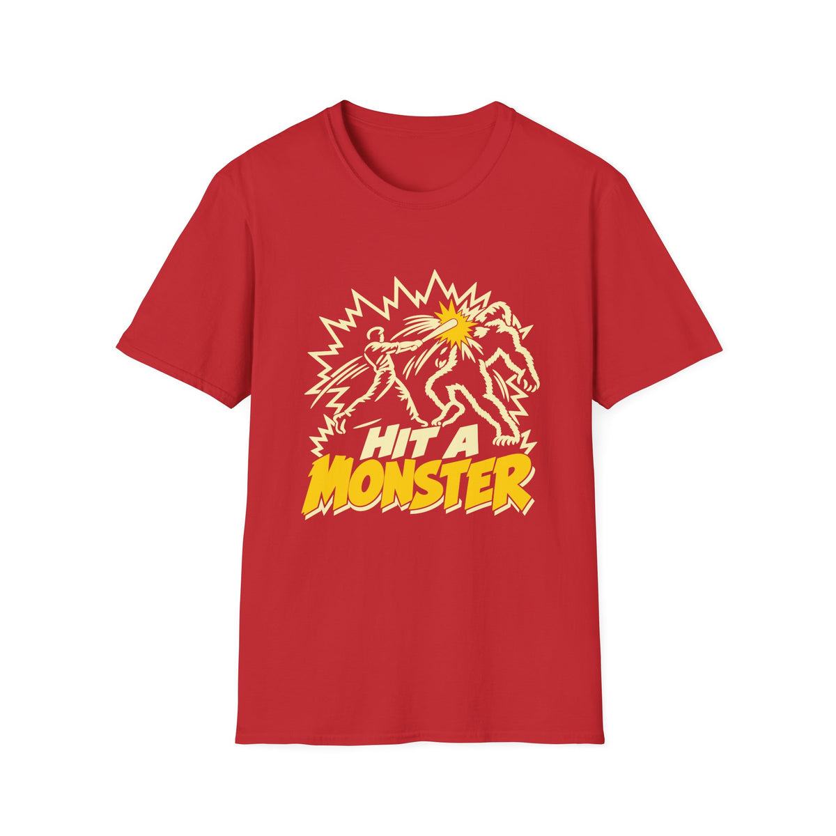 Hit A Monster baseball card T-shirt in Red, front view