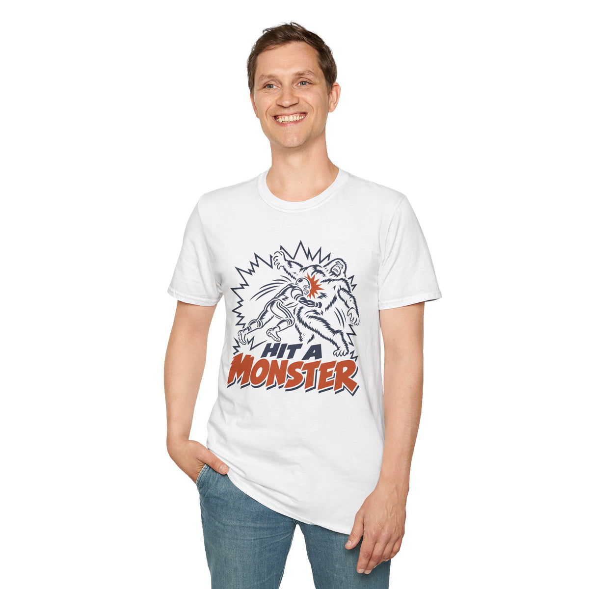 Hit A Monster football card T-shirt in White, front model view
